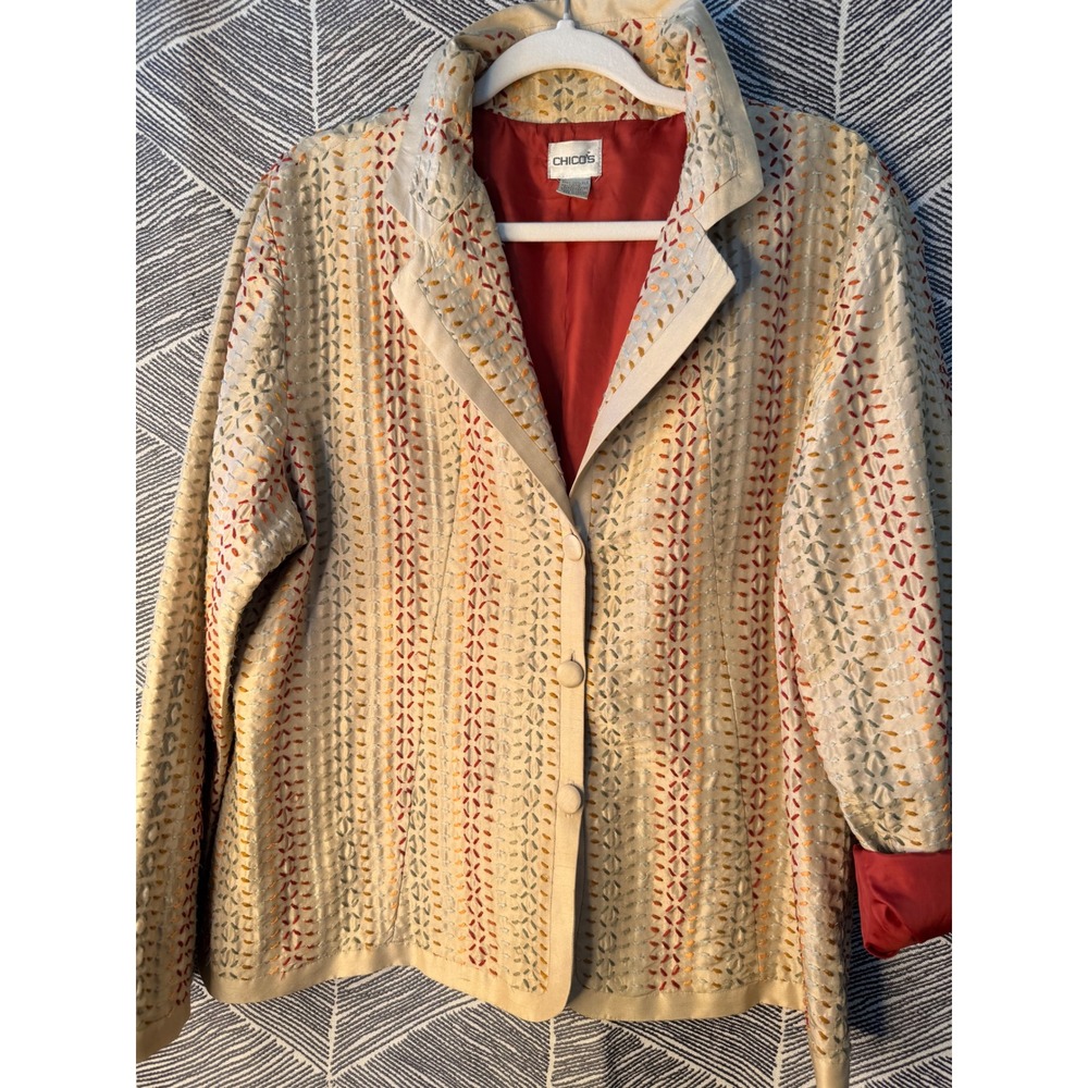Chicos Silk Embroidered Blazer Jacket Gold Red Multi Color Size 3 L XL